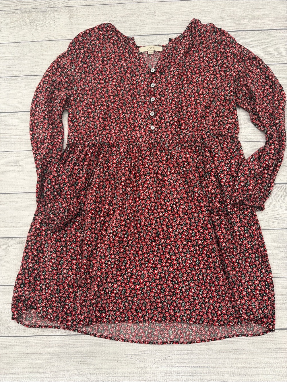 LOFT Floral Mini Dress Medium Black Red Long Sleeve Button Front Boho